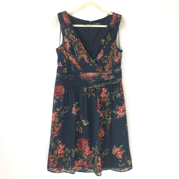 esprit navy floral dress surplice neckline pleats - Picture 6 of 12